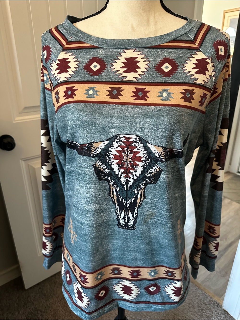 Southwestern Aztec Skull Long Sleeve Top - Teal, Rust, Cream